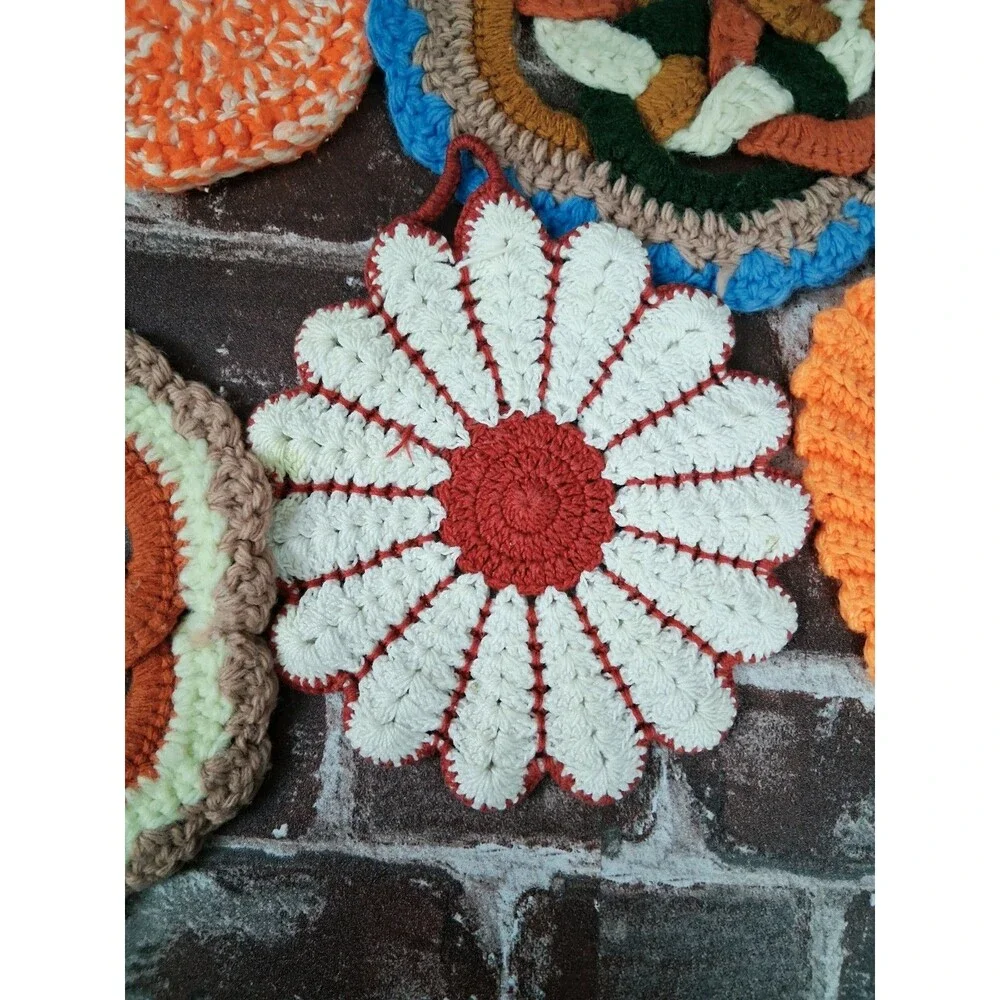 Lot Of 6 Vintage Crochet Pot Holders Trivets Handmade Kitchen Decor 70s 80s